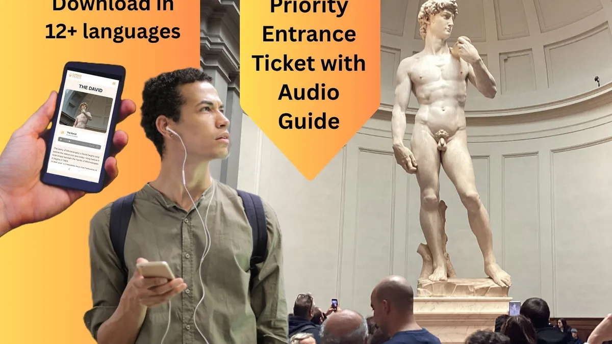 A long queue of visitors outside the Uffizi Gallery in Florence on a sunny summer morning
