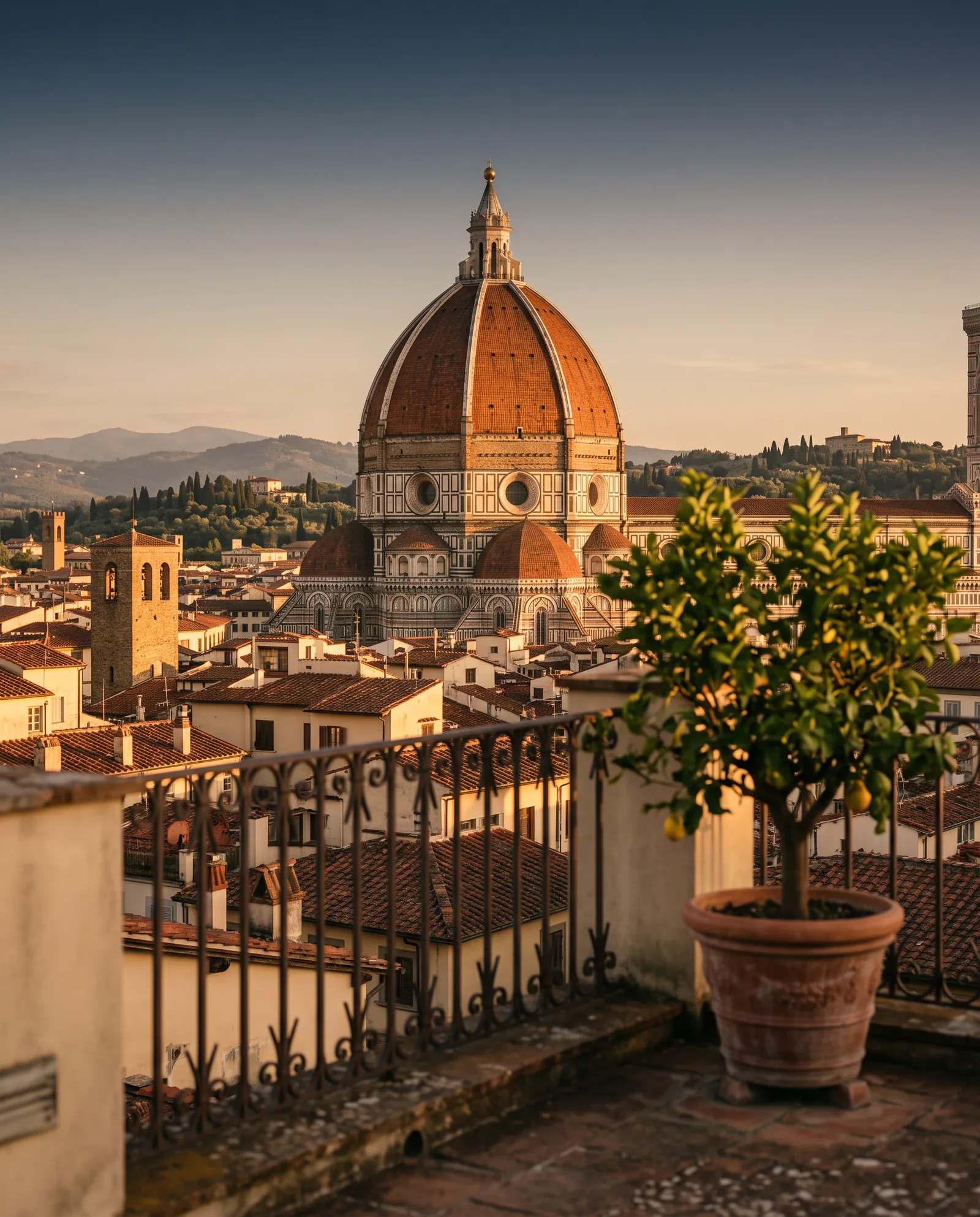 Brunelleschi's dome at golden hour, seen from a Florentine rooftop terrace