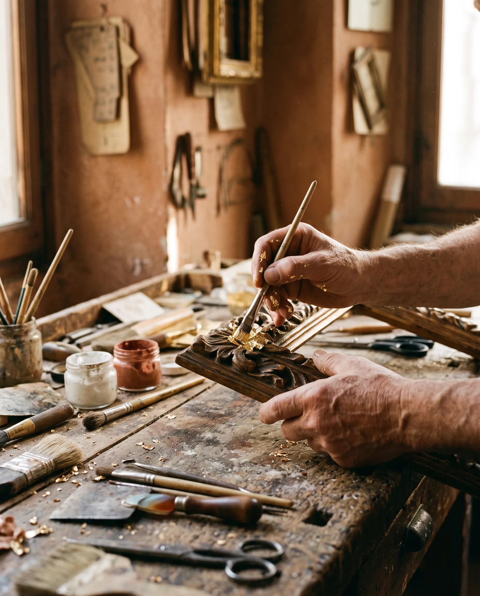 An Oltrarno artisan applying gold leaf to a carved frame